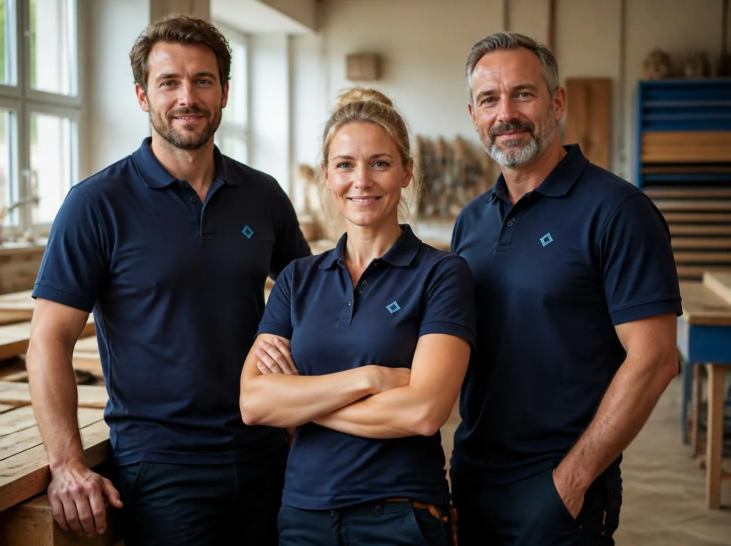 Drei Mitarbeitende in dunkelblauen Poloshirts mit gesticktem Logo in einer Werkstatt