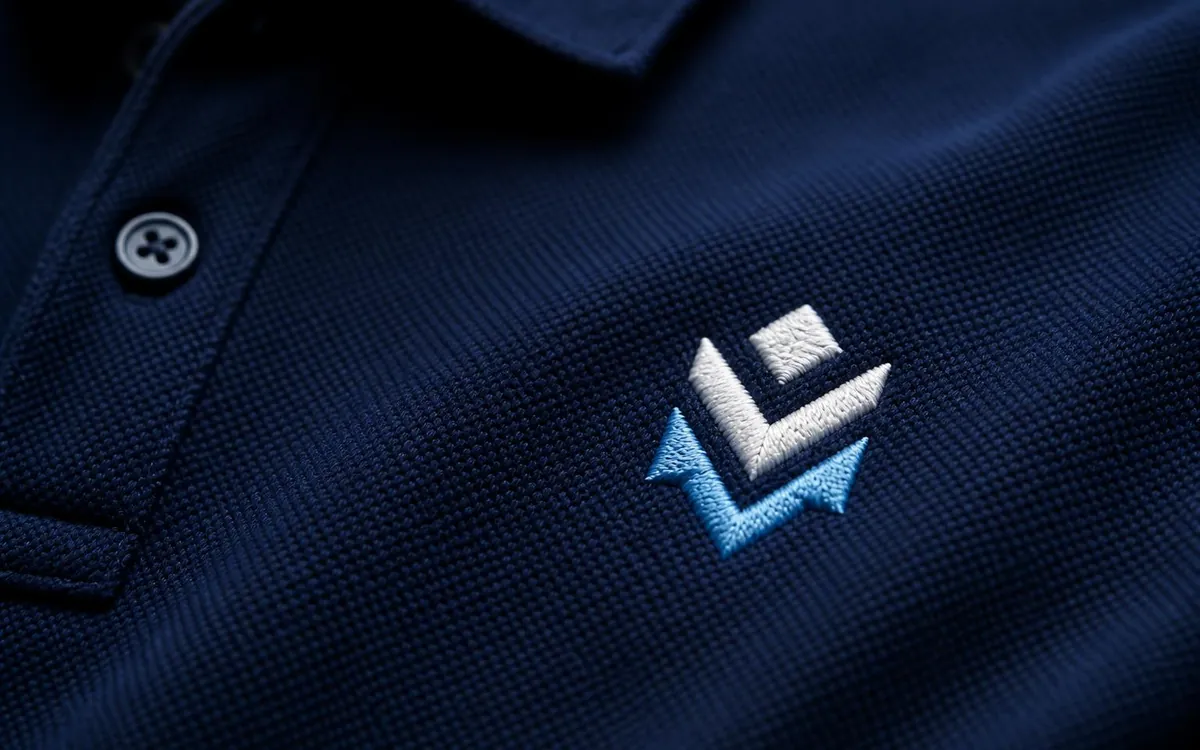 Gesticktes Logo auf einem dunkelblauen Poloshirt in Nahaufnahme